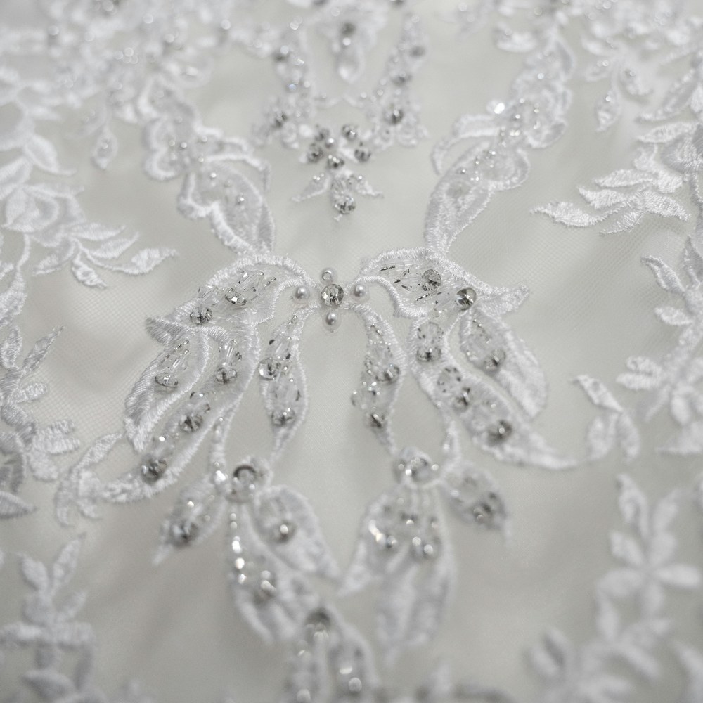 Close-up of bridal beading and embroidery